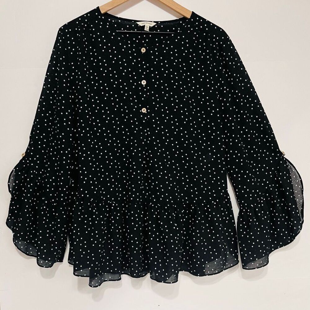 Max Studio Black With White Polka Dots Blouse   Size L